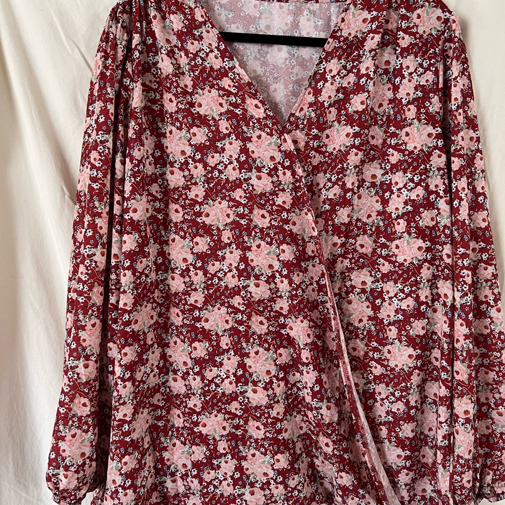 Floral Wrap Blouse - Red and Pink